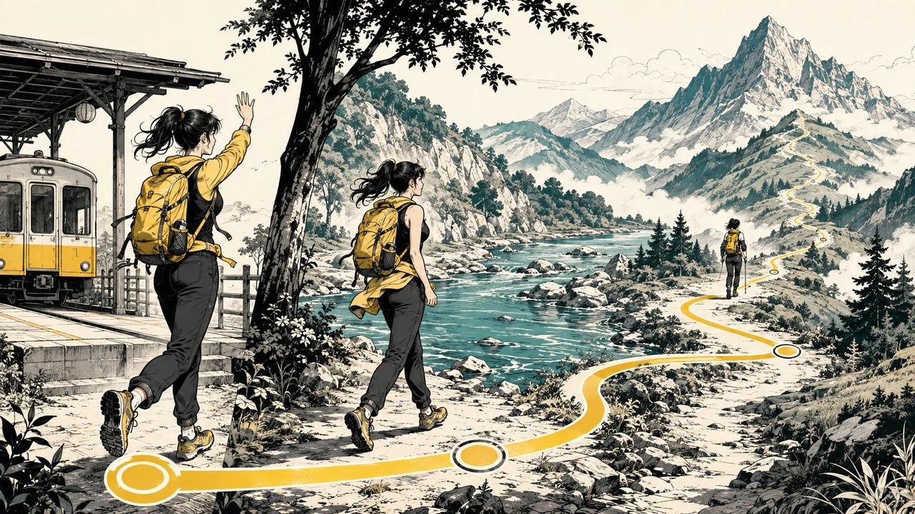 香蕉漫画长短篇罗盘中旅行者由近处启程到远山延展的漫画画面