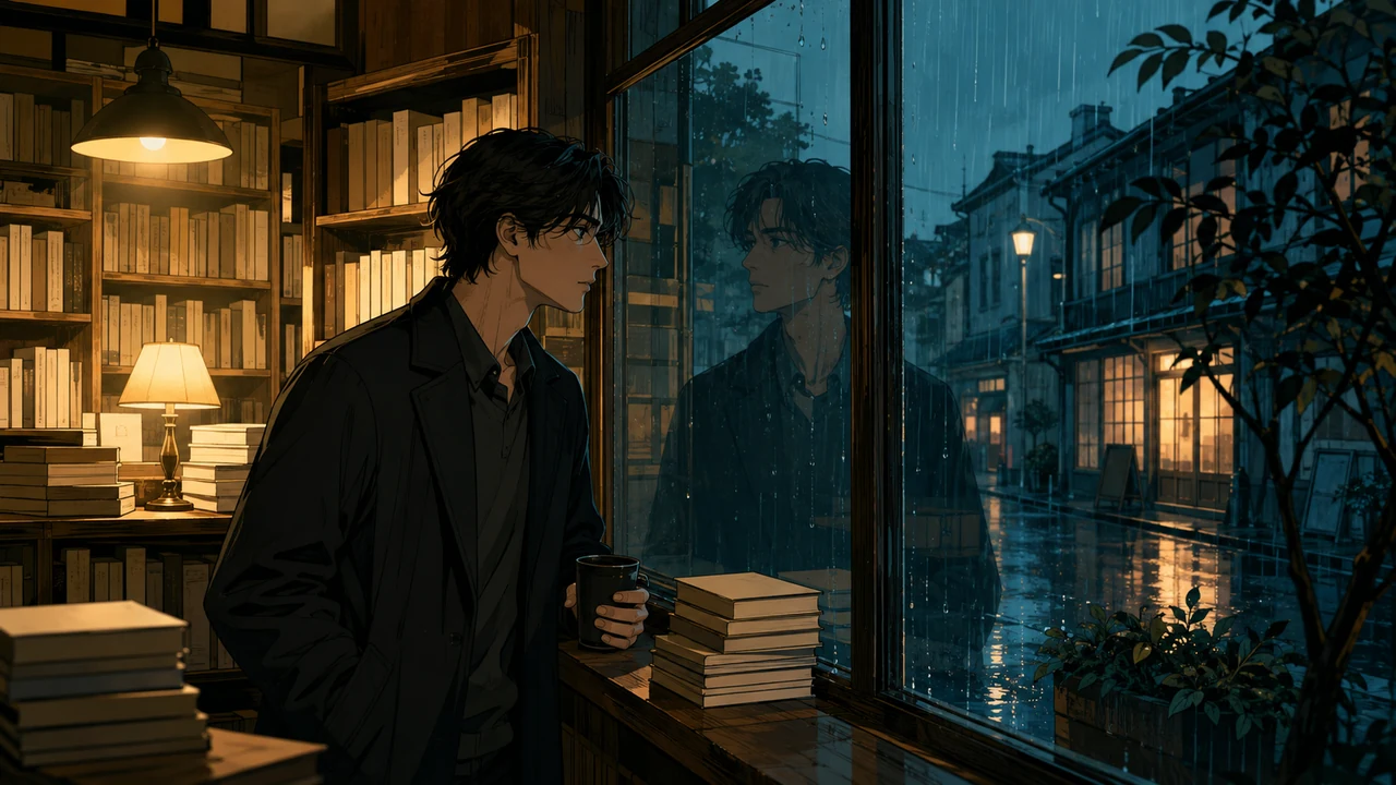 香蕉漫画氛围取景墙中旧书店窗边冷暖光线交叠的漫画画面
