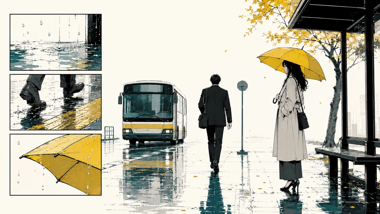香蕉漫画翻页节奏册中雨后站台动静画格疏密对照